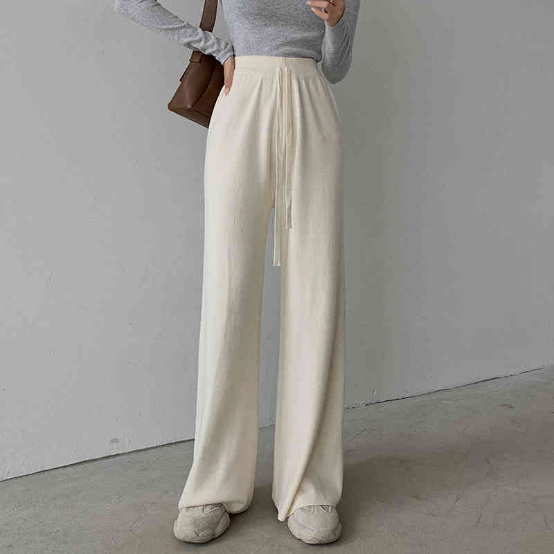 OL Elastic High Waist Wide Leg Knitted Pants Women Fashion Autumn Winter Bottoms Thick Warm Casual Loose Trousers 210421