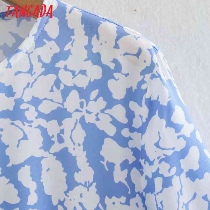 Fashion Women Blue Floral Print A-line Long Sleeve High Street Ladies Midi Dress XN311 210416