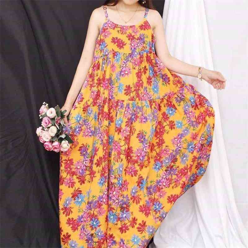 Floral Print Cotton Linen Maxi Dress Summer Casual Sling Boho Loose Big Hem Beach Dresses Women Oversized Long Robe 210522