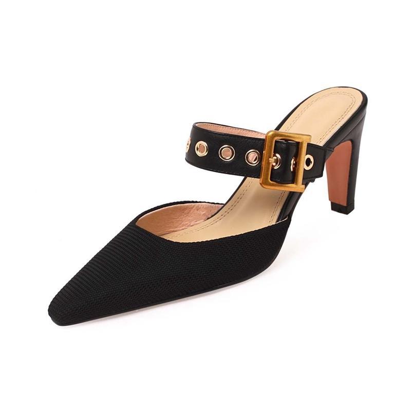 Sandals Genuine Leather Pointed Toe Metal Fasteners Shallow High Heels Vintage Belt Buckle Mules Slip On Women L93 NLFH, Black silk noodles
Sandals Genuine Leather Pointed Toe Metal Fasteners Shallow High Heels Vintage Belt Buckle Mules Slip On Women L93 NLFH, Black silk noodles