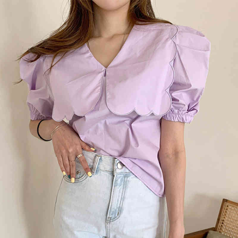 Korean Sweet Peter Pan Collar Woman Shirts Summer Puff Short Sleeve Women Blouse Tops Casual Clothes Blusas 13848 210508