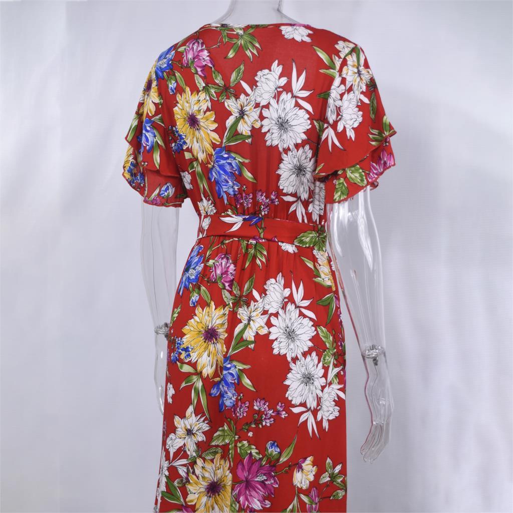 Boho Flower Print Summer Dress Ruffle V Neck Sashes Beach Ladies Long Dresses Cotton Yellow Sundress Fashion Women Clothes 210415