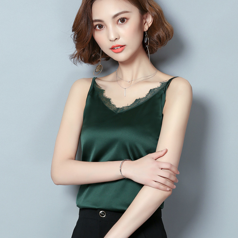 Fashion Sexy Lace Chiffon Women Camis Vest Slim V Collar Black Green Tank Sleeveless Female Blusa 0628 40 210506