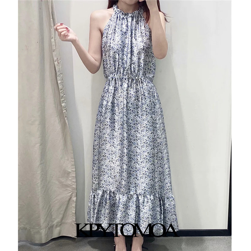 Women Chic Fashion Floral Print Ruffled Midi Dress Halter Neck Elastic Waist Female Dresses Vestidos Mujer 210420