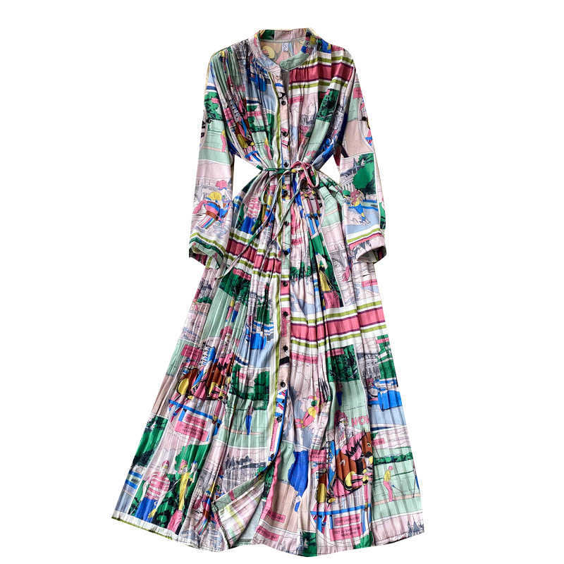 DEAT Women Pleated Printing Dress Stand Neck Long Sleeve Lady Temperament Fashion Spring Autumn 11D1684 210709