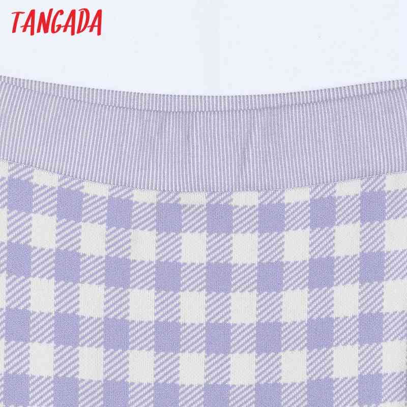 Women Plaid Print Sweater Midi Skirt Faldas Mujer Vintage Office Ladies Elegant Chic Mid Calf Skirts 6H10 210416