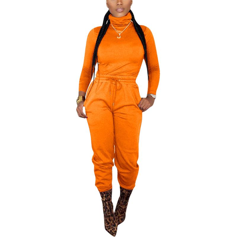 Fashion Women Two Piece Set Rave Festival Clothing Turtleneck Top And Pant Sweat Suits Fall Outfits Casual Solid Matching Sets Women's Track