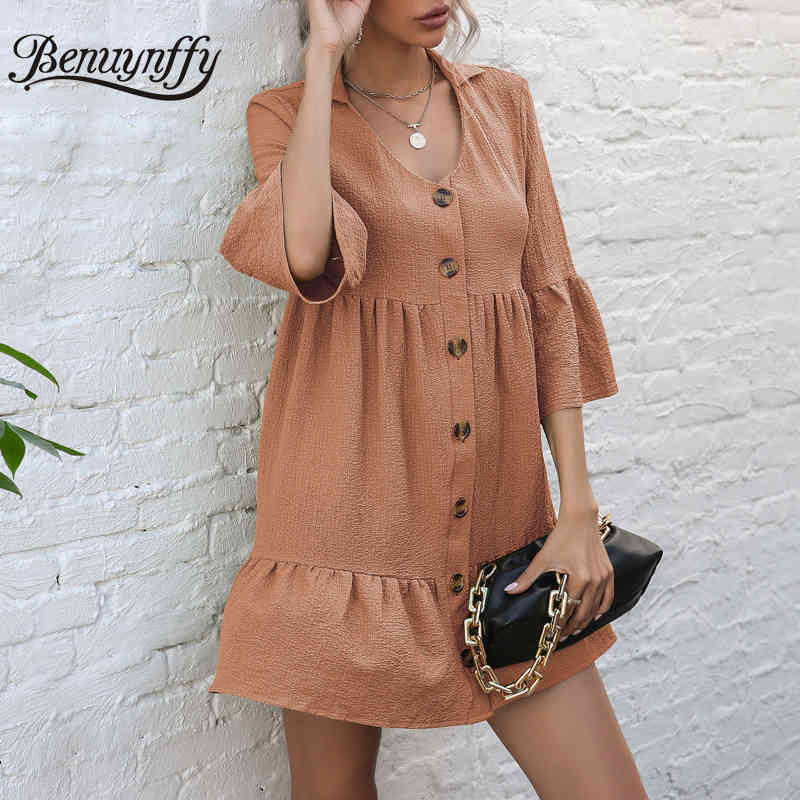 Turn-down Collar Loose Shirt Dresses for Women Summer Half Sleeve Single Breasted Solid Casual Shirred Mini Dress 210510