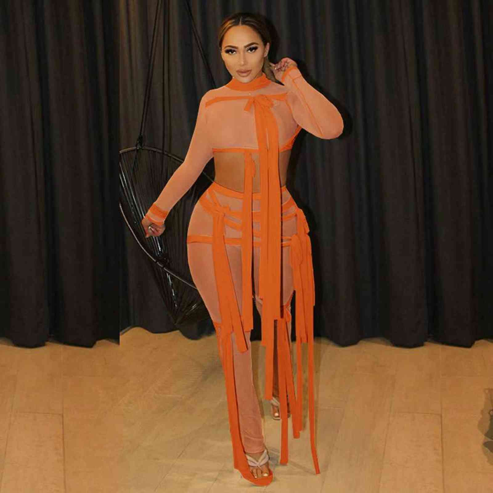 Ribbons Hipster Sheer Mesh Sexy Two Piece Set Women Turtleneck Crop Top+Pants Solid Street See Through Matching Outfit 211105