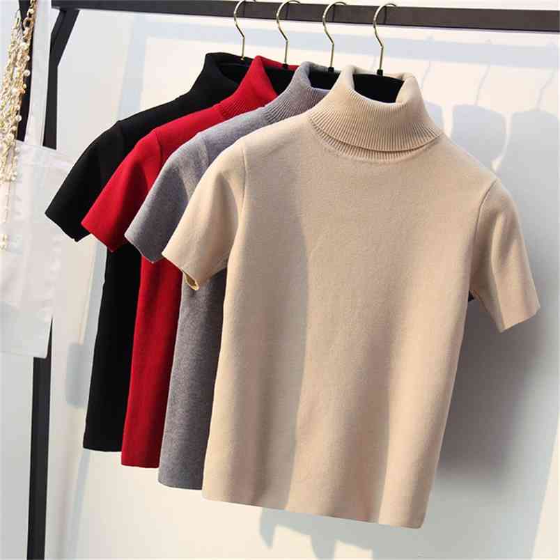 Spring Knitted Tops Women Short Sleeve T shirt Autumn Winter Turtleneck Pullovers T-shirt Tee Shirt Femme Tshirt Knitwear 210406