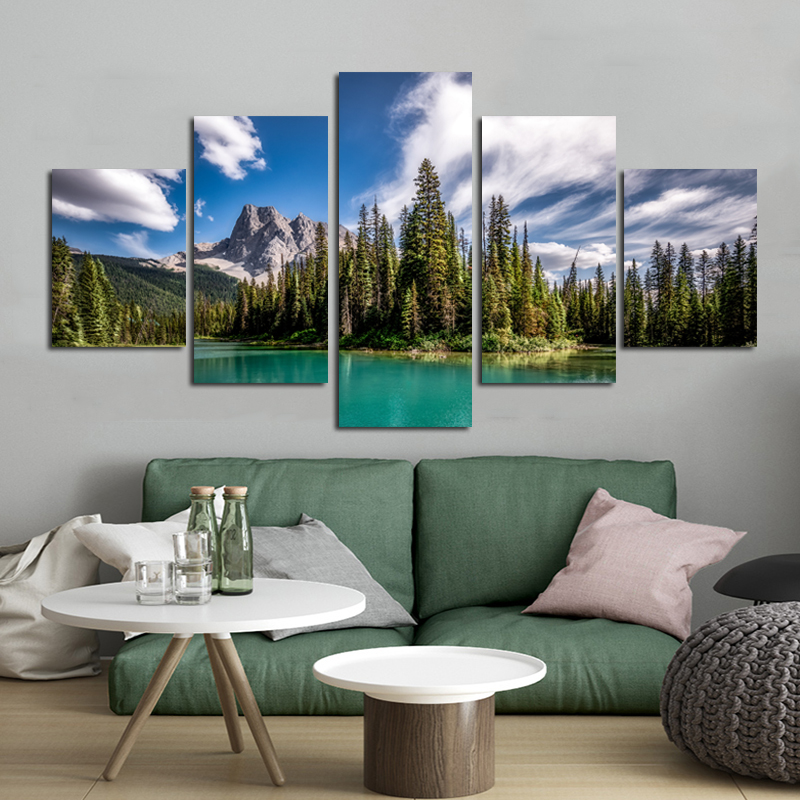 5 Pieces Mountain Lake Poster Canvas Painting Home Decor Wall Art Pictures For Living Room Sky Clouds Tree Indoor Decorations