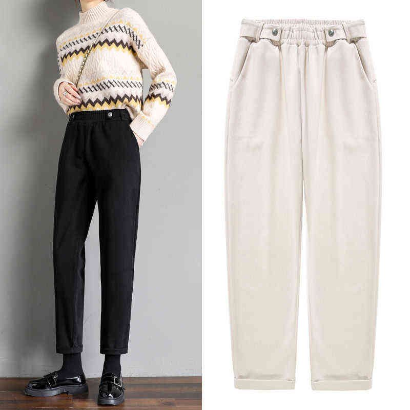 Women Woolen Pants Autumn Winter Casual Solid Elastic Waist Harem pants full length Trousers S-XXL 211115