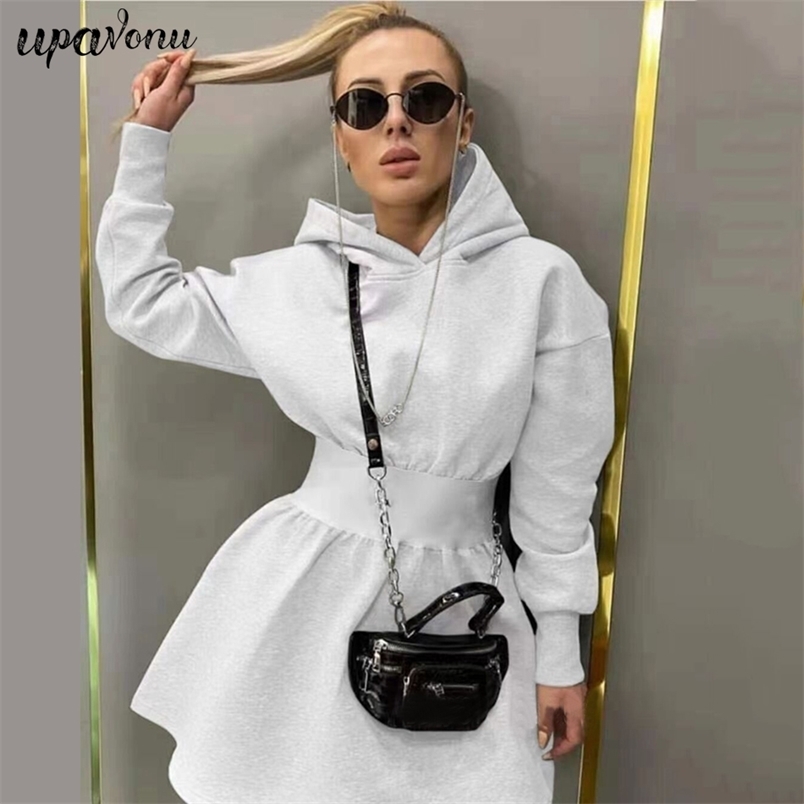 Free Sports Hooded Sweater Dress Women's Long Sleeve A-line Mini Casual Pleated Gray Vestidos 210524