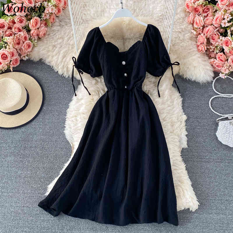 Sweet Dress Women Summer V-neck Slim Waist A-line Vestidos Pleated Puff Sleeve Lace-up Dresses Vintage Robe 4i831 210519