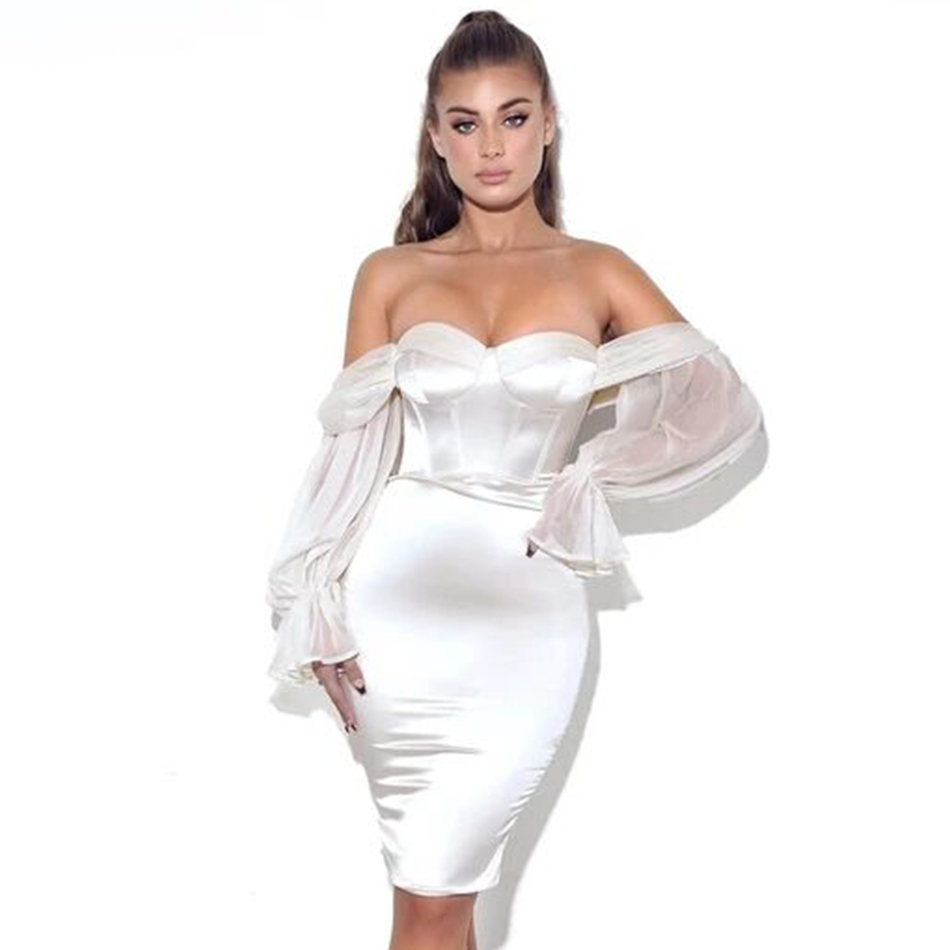 Summer Women Elegant Off Shoulder Long Sleeve Mini Dress Sexy Lace Celebrity Evening Runway Club Party 210423