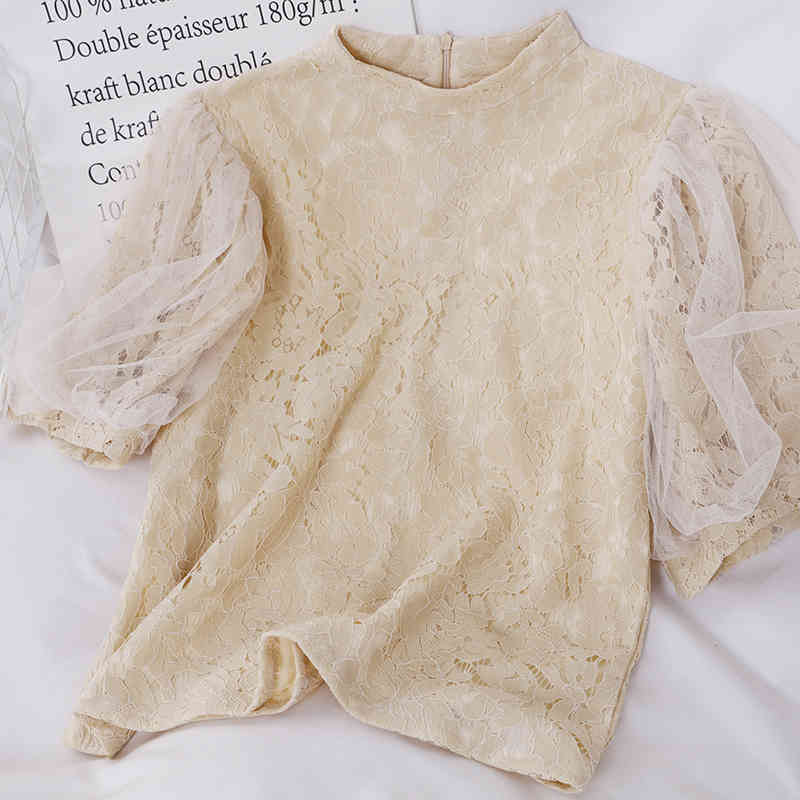 Lace Mesh Sweet Solid Women Tops and Blouses Stand Collar Pink Chic Short Sleeve Shirts Retro 13899 210415