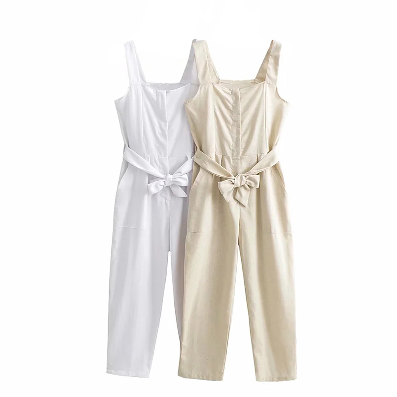 Women Casual Solid Full Length Jumpsuit Sleeveless Office Wear Cargo Pants With Belt Pockets Fashion Jump Suit Summer 210515