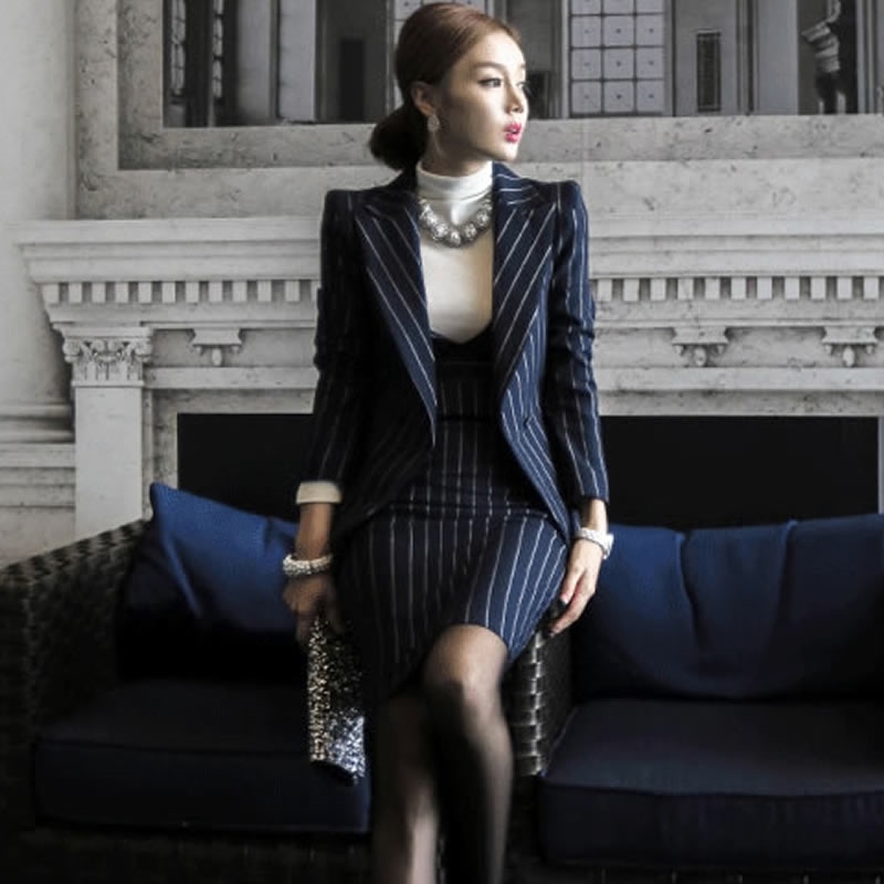 OL Work Striped Office Lady Dress Suits 2 Two Piece Sets Elegant Women Blazer Jacket + Fashion Sheath Dresses Femme 210519