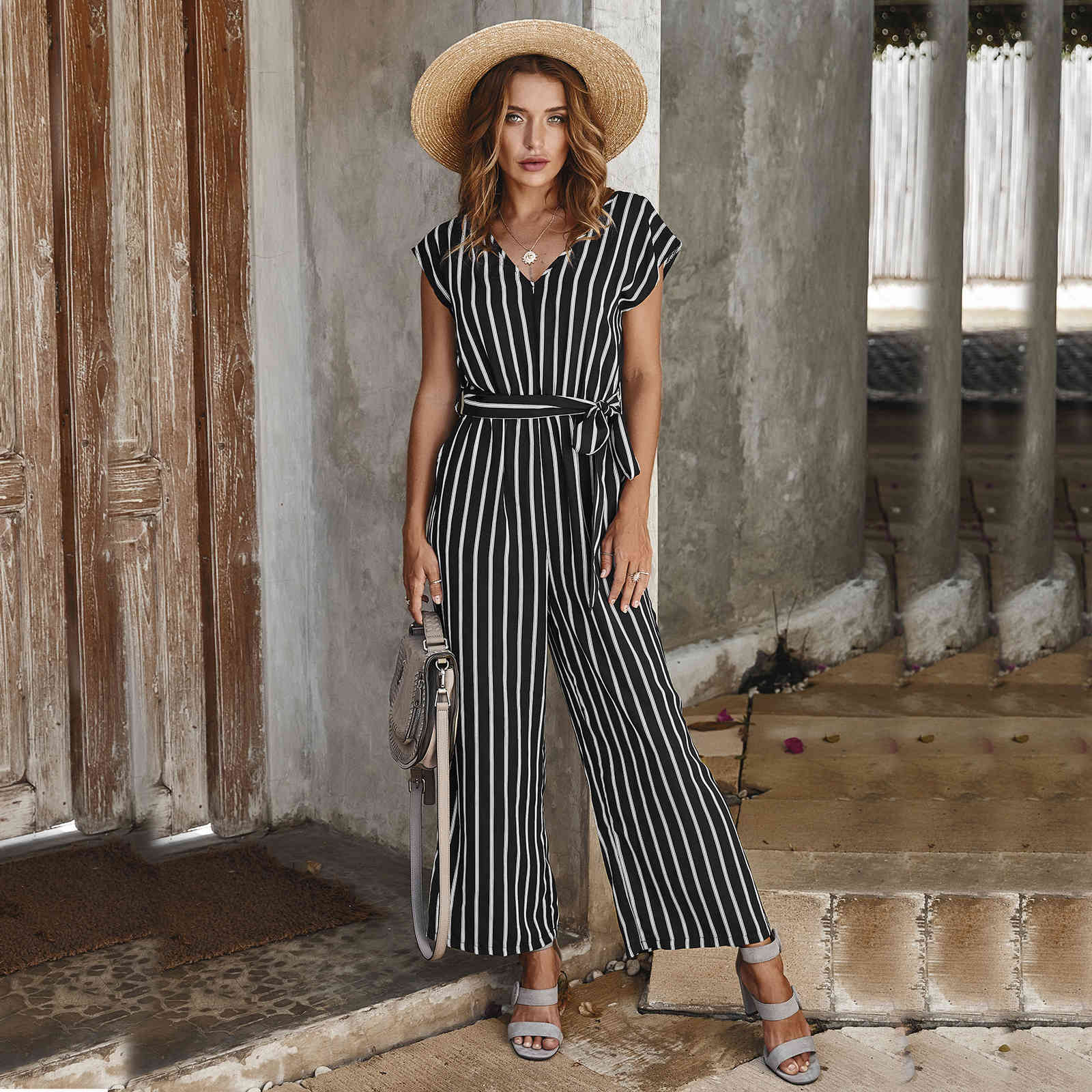 women summer jumpsuits Fashion strip printed wide leg Cotton Straight Striped Lace Up High Waist Womens Jumpsuit 210524