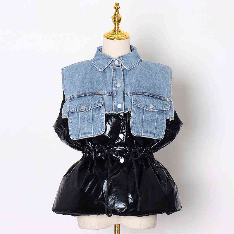 TWOTWINSTYLE Drawstring Patchwork Denim Vest For Women Lapel Sleeveless Casual Loose Cotton Coat Female Winter Fashion 211120