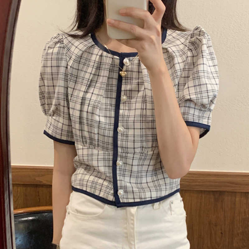Korejpaa Women Shirt Summer Korean Chic Ladies Retro Round Neck Trim Single-Breasted Pleated Short Puff Sleeve Plaid Blouse 210526