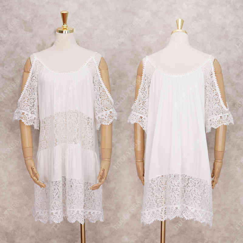 Women Fashion Beachwear Cover-ups Sexy Cold Shoulder Summer Beach Dress White Cotton Tunic Swimsuit Cover Up Sarongs #Q826 210420