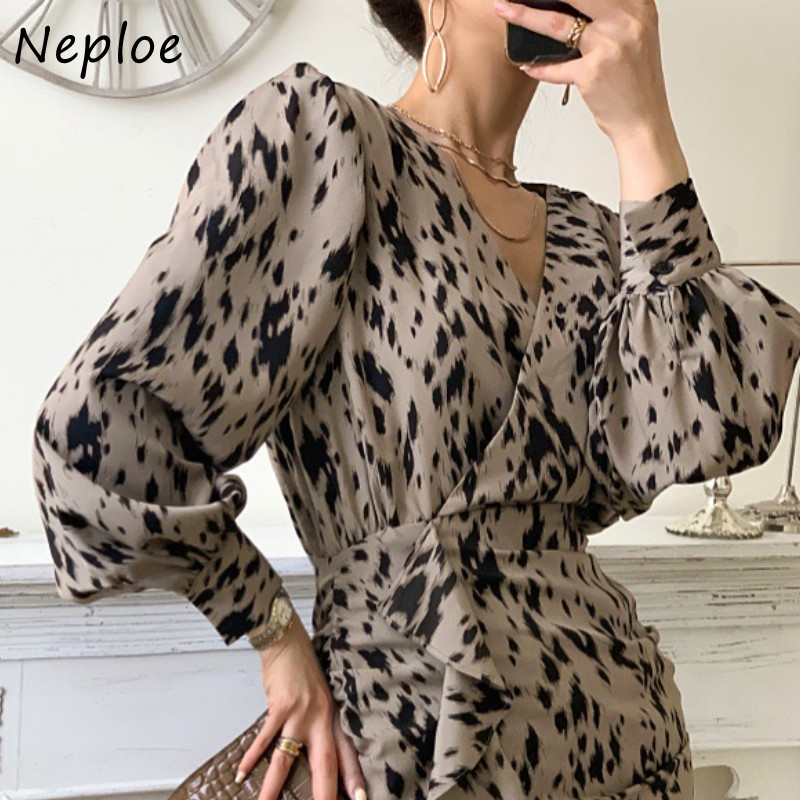 Vintage Leopard Pattern Temperament Ol Dress Women High Waist Hip Bodycon Vestidos French Slim Sashes Robe Spring 210422