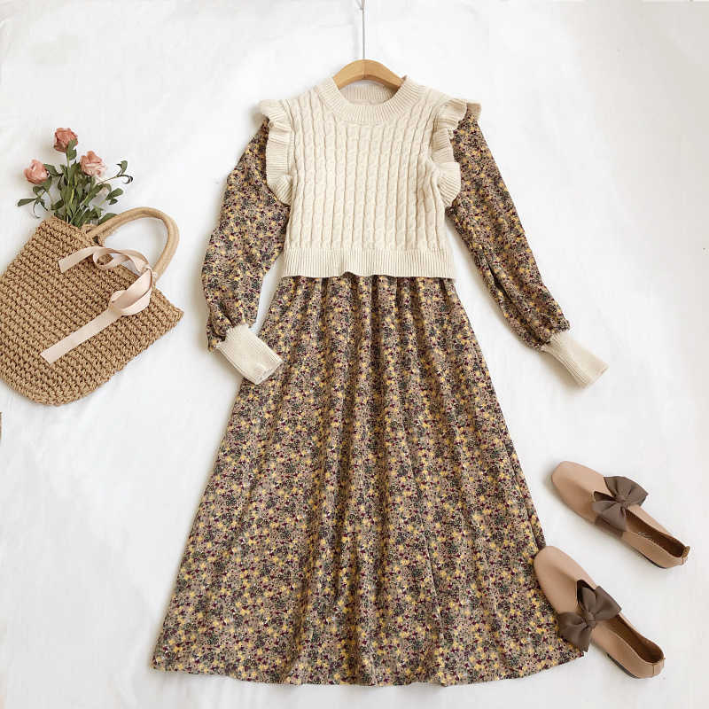 LY VAREY LIN Spring Autumn Women Sweet O-neck Dress Corduroy Knitting Floral Long Sleeve Wood Ear Edge 210526