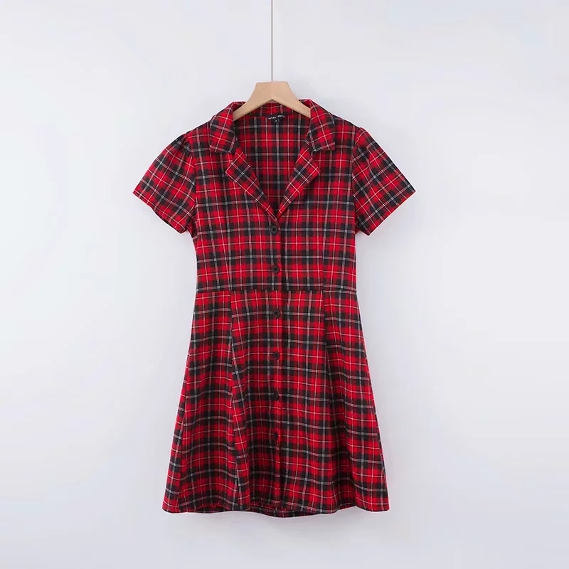 vintage cotton red plaid dress women Korean kawaii button office mini female casual short sleeve sexy vestidos 210521
