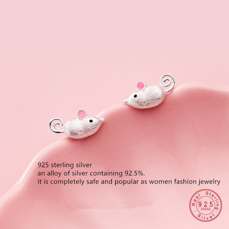 WANTME 100% 925 Sterling Silver Jewelry 3D Personalized Rat Mouse Stud Earrings For Women Girls Fashion Animal Pendientes Mujer 210507