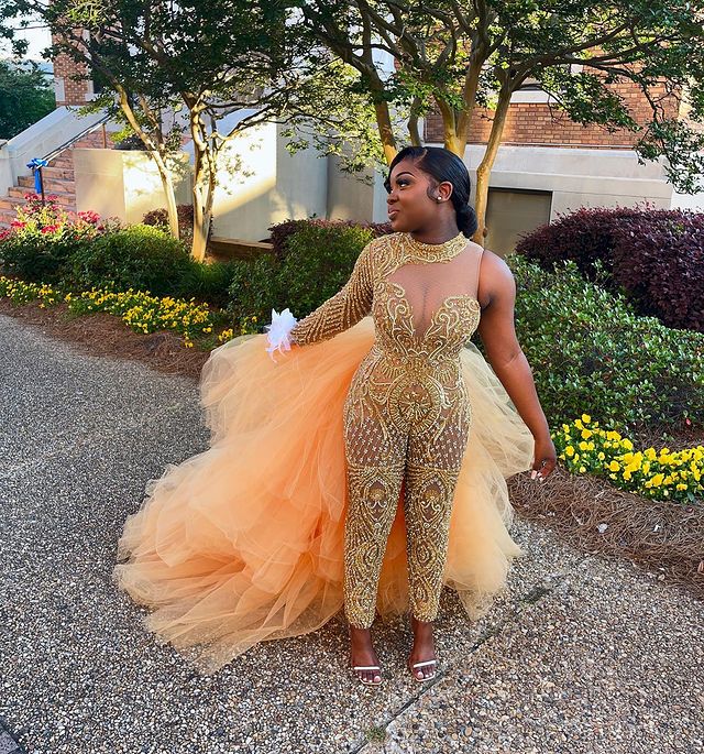 2021 Plus Size Arabic Aso Ebi Gold Luxurious Sexy Jumpsuits Prom Dresses Lace Beaded Sheer Neck Evening Formal Party Second Reception Gowns Dress ZJ49