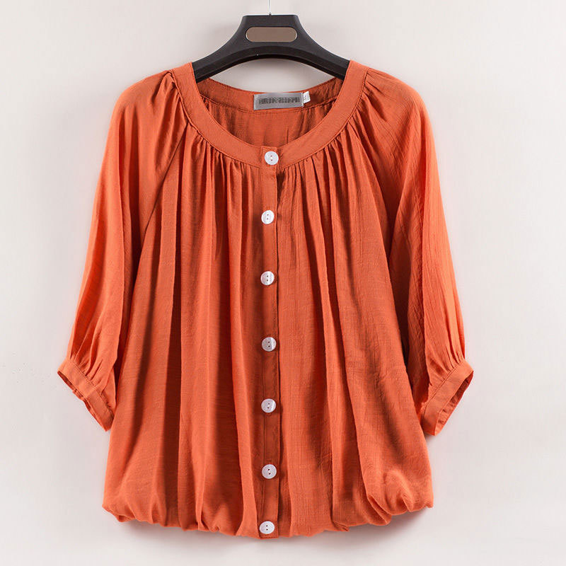 Summer Women Tshirt Plus Size Lantern Sleeve O-neck Loose Casual T-shirt Solid Cotton Linen cardigan Tee Shirt Femme Tops D124 210512