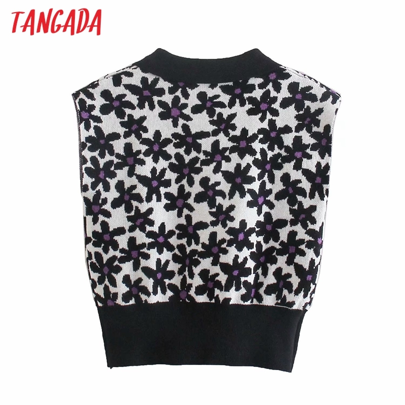 Women Vintage Flower Pattern Knitted Vest Sweater Sleeveless Female Waistcoat Tops 4M16 210416