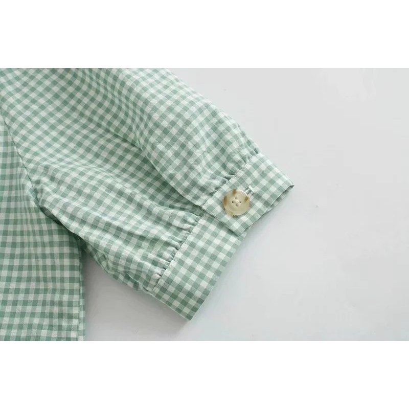 vintage female knee-length dresses summer green women fashion ladies mid plaid loose girls dress 210430