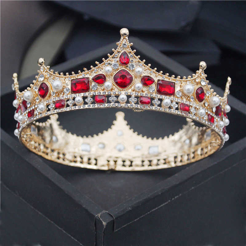Baroque Royal King Diadem Men Crystal Pearls Metal Tiaras Wedding Crown Hair Jewelry Big Head Ornaments Prom Party Accessories 211006