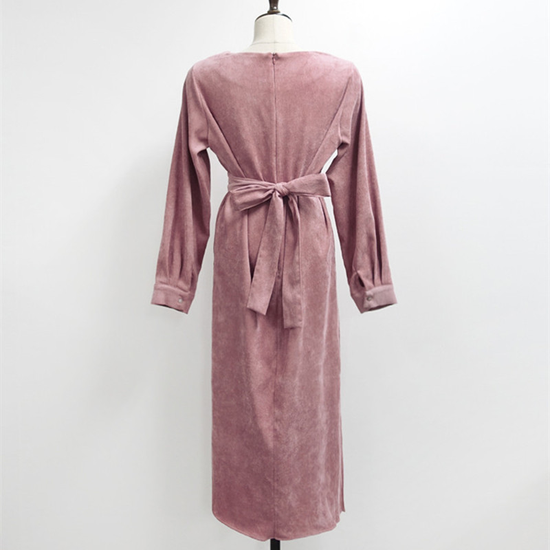 Winter Autumn Chic Minimalist Dress Women Vintage Elegant OL Work Wear Solid Lace-up Corduroy Maxi Dresses Vestidos 210421