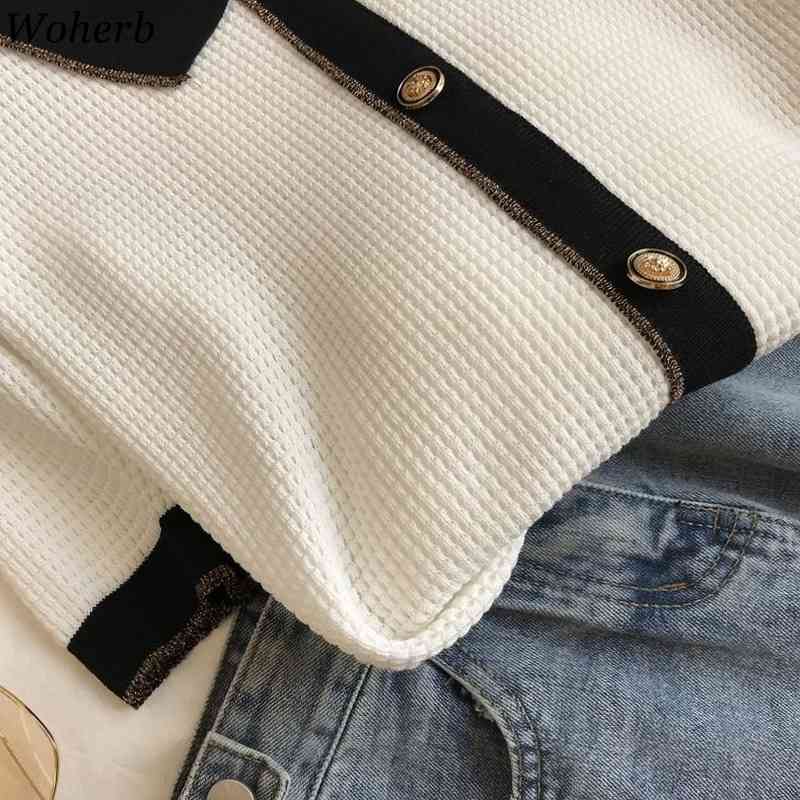 Ice Silk Knitted T Shirt Women Summer Hollow Out Pullover Tees Temperament Contrast Color Thin Knitwear Tops 210519