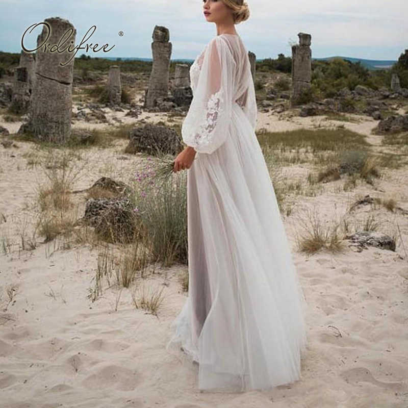 Ordifree Summer Women Long Tulle Dress Long Sleeve Embroidery White Maxi Tunic Beach Dress 210630