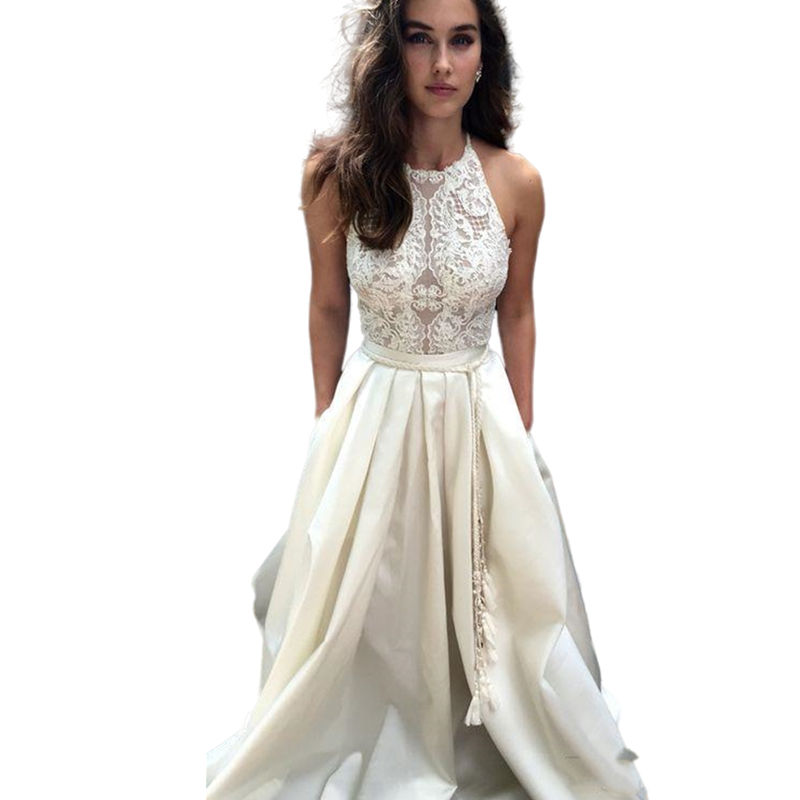 Elegant Boho Beach Wedding Dresses Bridal Gowns 2022 A Line Court Train Halter Lace Appliques Illusion Bodice Long Bohemian Bride Formal Dress With Po
