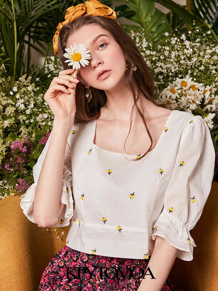 Women Sweet Fashion Floral Embroidery Cropped Blouses Pull Sleeves Back Bow Tie Female Shirts Chic Tops 210420
