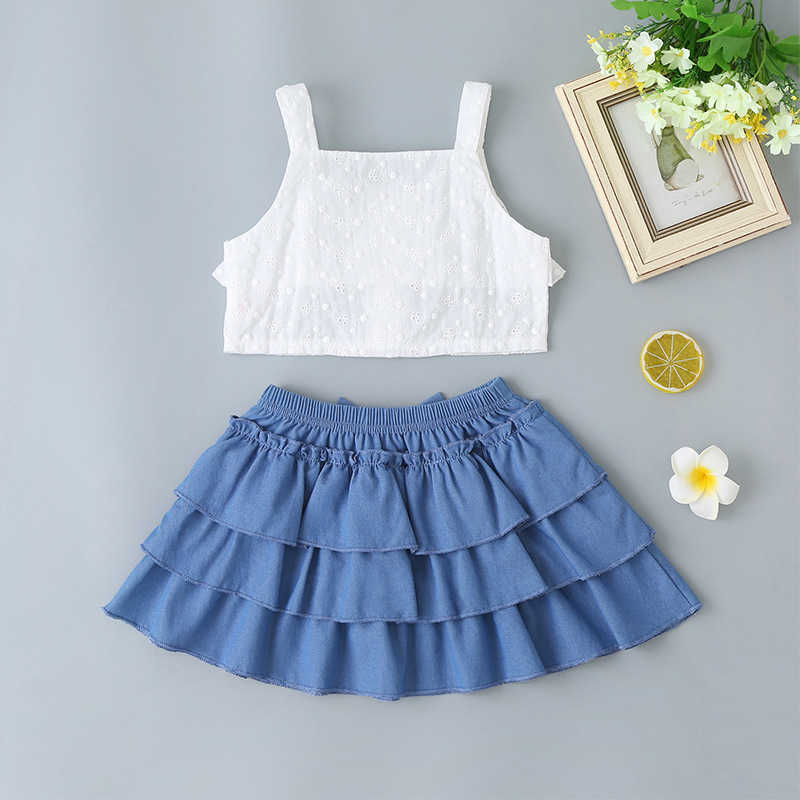 Girls Clothes Sets For Kids Cute Jacquard Fabric Strap White Tops Multi Layer Bow Denim Skirt Summer 210629