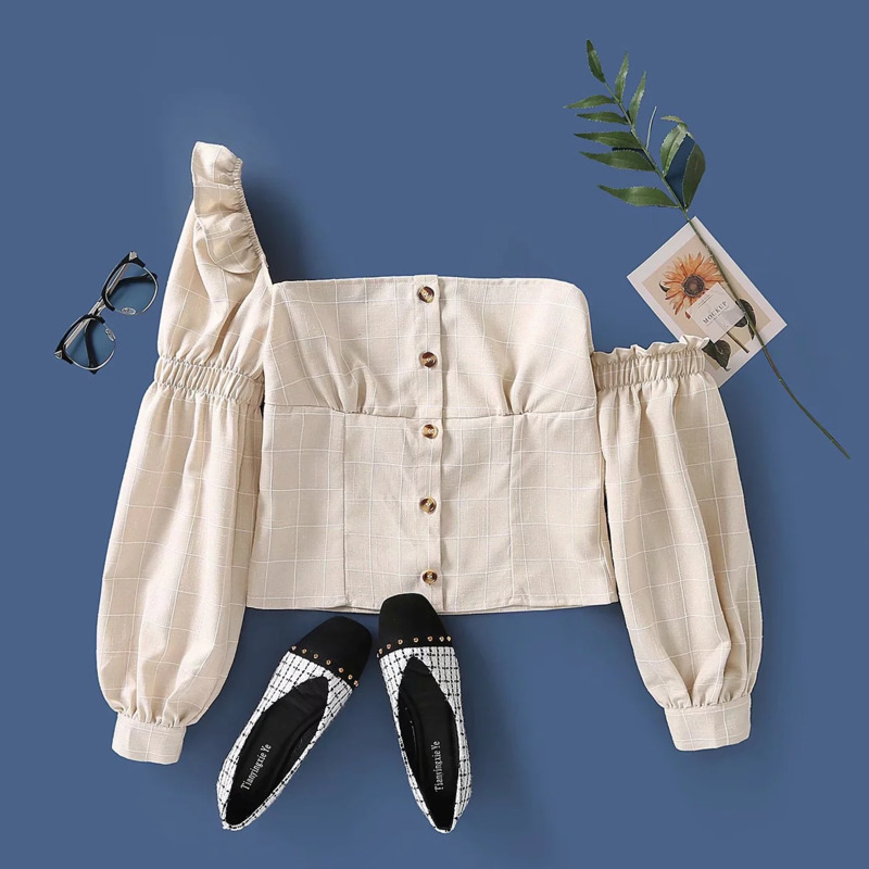 Spring Arrivals Solid Color One Shoulder Lantern Sleeve High Waist Open Back Single Breasted Shirt MZ579 210525, Apricot
Spring Arrivals Solid Color One Shoulder Lantern Sleeve High Waist Open Back Single Breasted Shirt MZ579 210525, Apricot