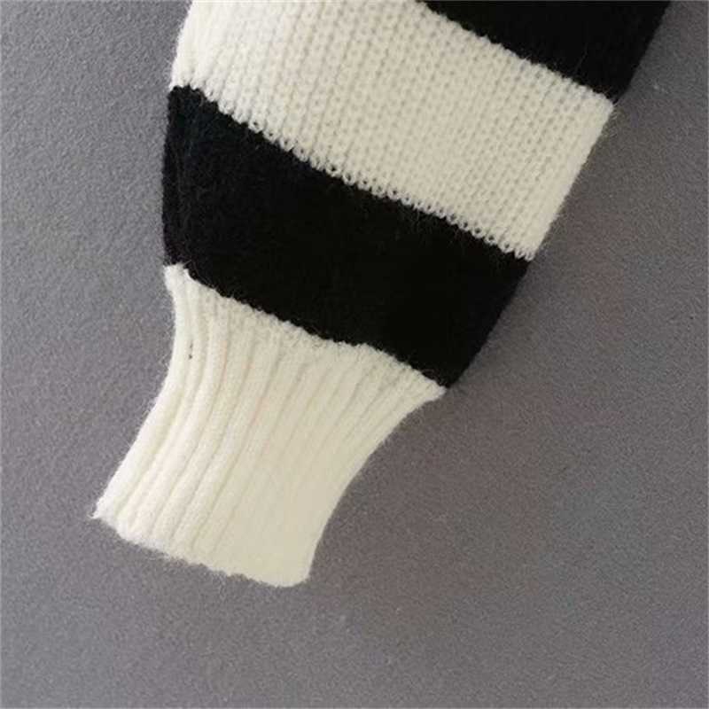 TRAF Women Fashion Striped POLO Collar Loose Knit Sweater Retro Long Sleeve Pullover Streetwear 211011Z