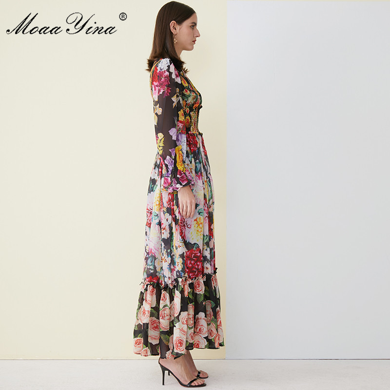 High Quality Women's Summer Beach Chiffon Ruffled collar Dress Elegant Elasticity Waist Print Runway Maxi Long 210524