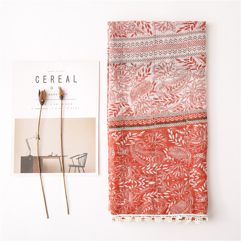 spring and summer womens cotton and linen scarf sequined cashew flower lace ethnic style literary forest female shawl