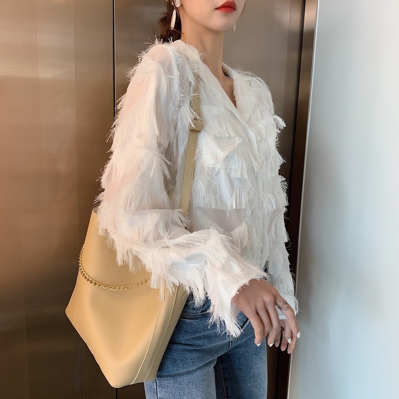 Spring Shirts Vintage Blouse Women White Long Sleeve Blouses Button Hong Kong Style Feather Shirt Tassel Chiffon Tops 12692 210506
