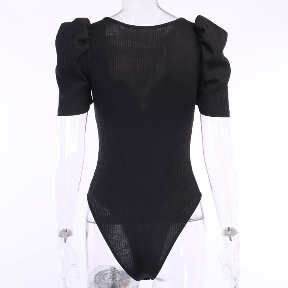 Women Summer Short Puff Sleeve V Neck Budysuit Elegant Solid Ribbed Knitting Slim Tops Office Lady Rompers Jumpsuit 210428