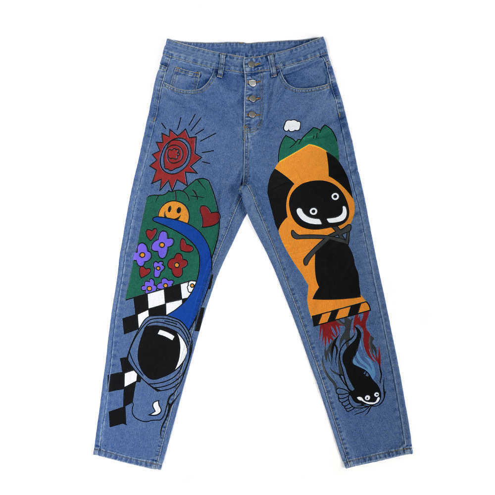 Womens Cartoon Jeans Spring Women Printed Casual Trousers Long Pant Single Breasted Vintage Female Hight Waist Denim 210922