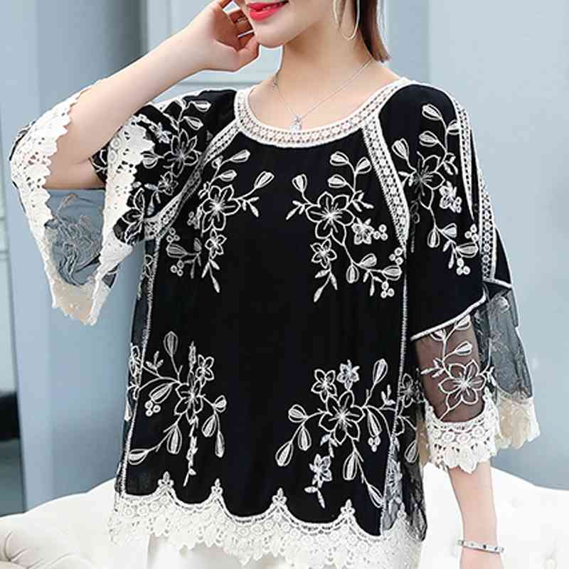 Blusas Mujer De Moda Flare Sleeve Summer Blouse Women Hollow Lace Floral Embroidery Chiffon Blouse Shirt Women Clothes C925 210602
