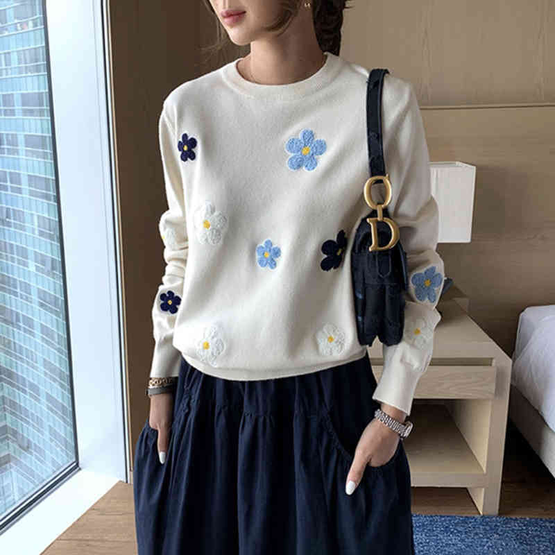 Korean Floral Emobroidery Pullover Sweater High Quality Women Elegant O Neck Knitted Tops C-089 210522